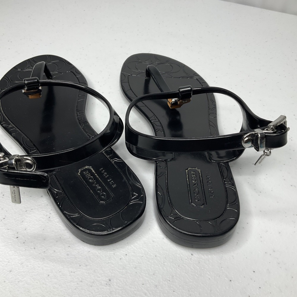 Coach Piccadilly Sandals Womens Sz 6B Black Rubber T-Strap Thong Signature Logo - Picture 5 of 8